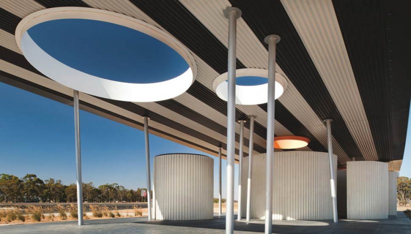 The striped canopy of Stramit Xtraspan™ 900 made from COLORBOND® steel has an almost carnival tent quality