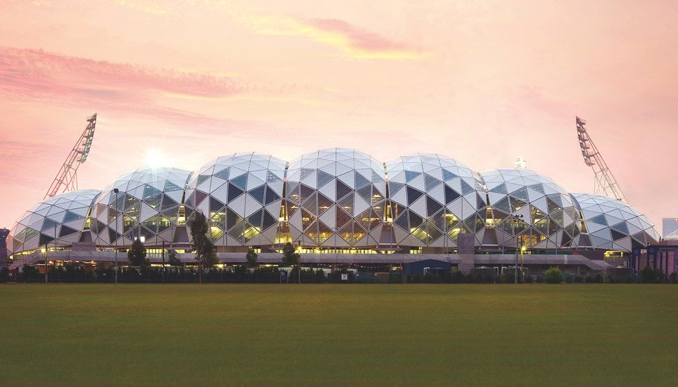 AAMI Park – the faceted exuberance of which is created from more than 2200 diagrid XLERPLATE® steel and glass panels.